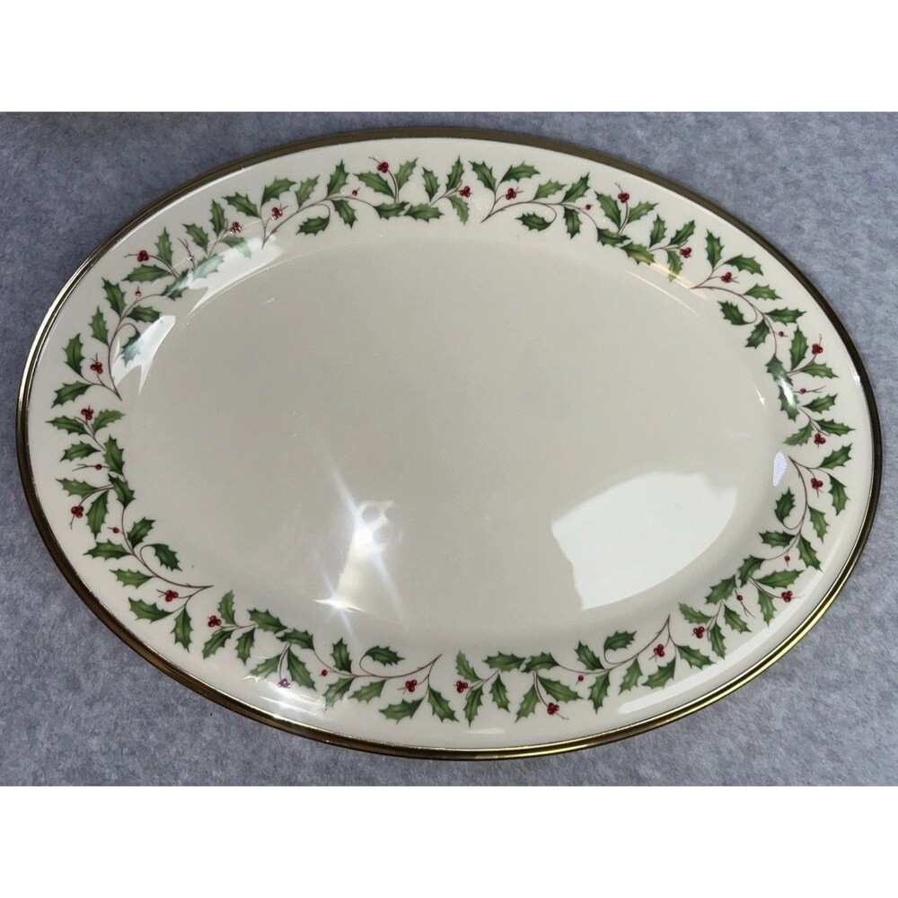 Lenox Holiday Holly Oval Turkey Platter Large 16 1/4" USA 24K Gold Rimmed China